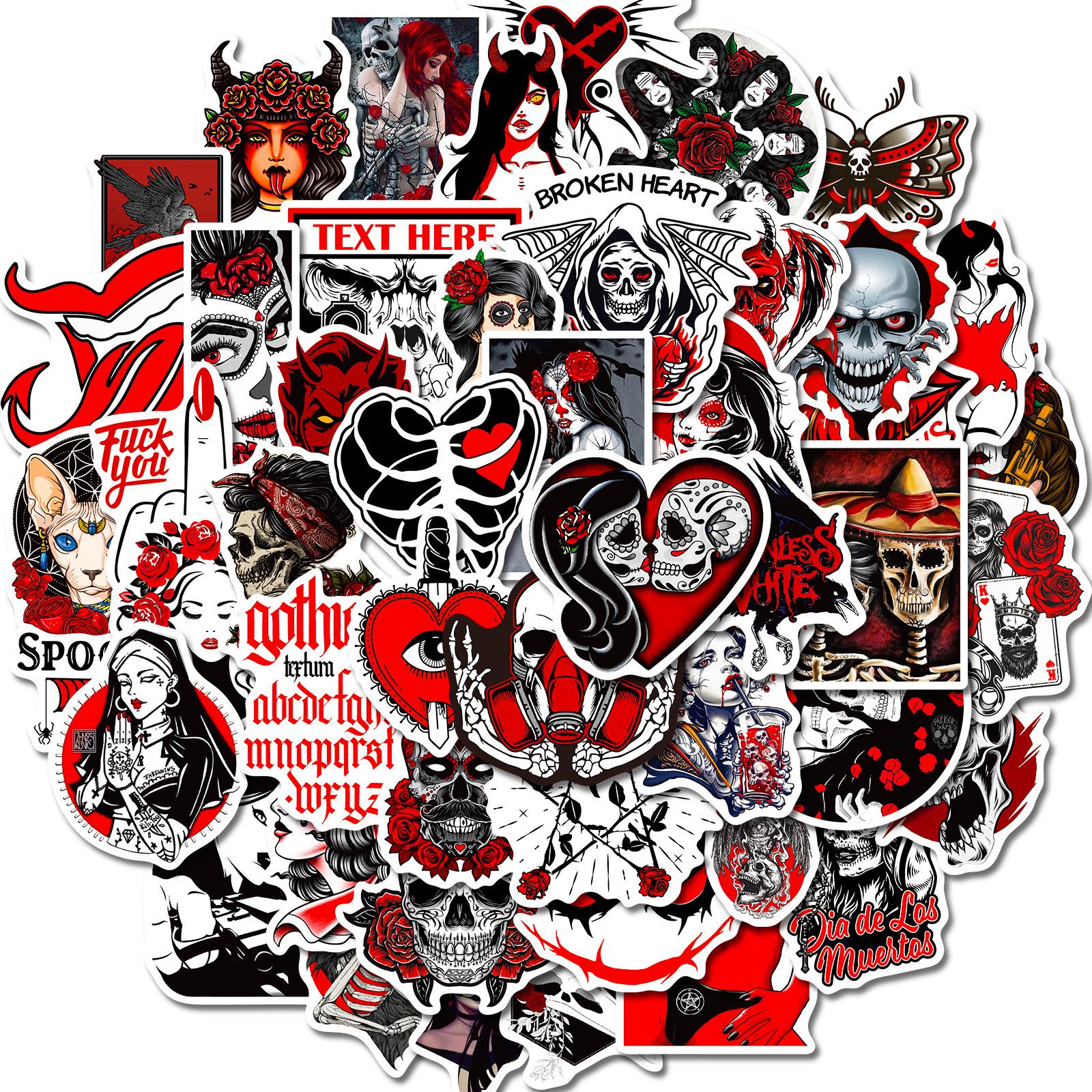 50pcs Gothic Horror Stickers: Dark Red & Black Punk Devil-Themed Decals