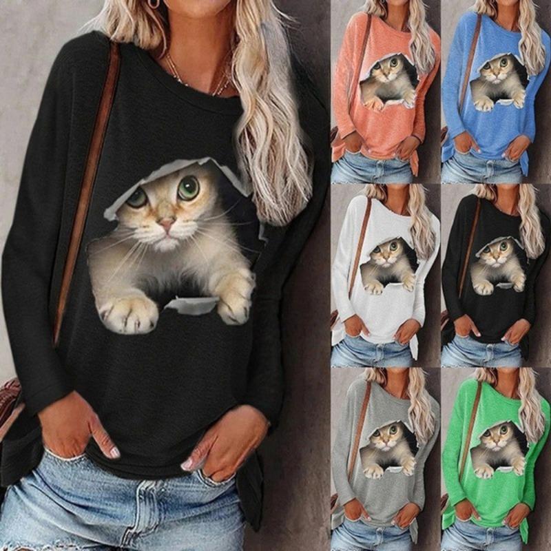 Autumn Winter Fashion Women's Round Neck Pullover Cat Long Sleeved T-shirt
