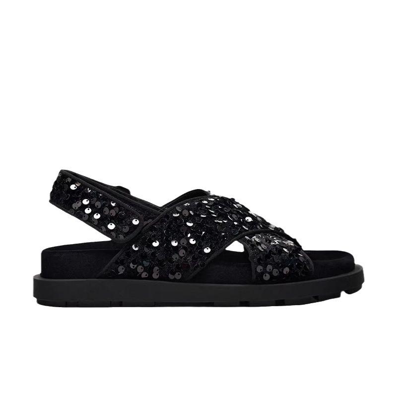 ZA Shoes New Black Beaded Flat Sandals Thick-soled Seaside Vacation Wind Beach Shoes Small Man