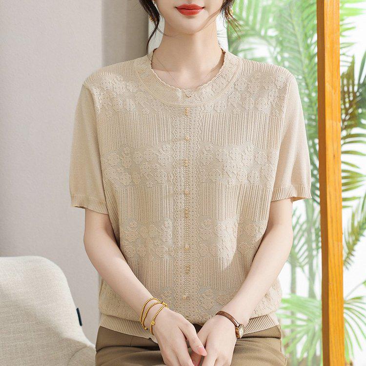 Elegant Women's Knitwear: Casual, Slimming Round Neck Short Sleeve Top for Mothers, Loose & Comfortable Fit