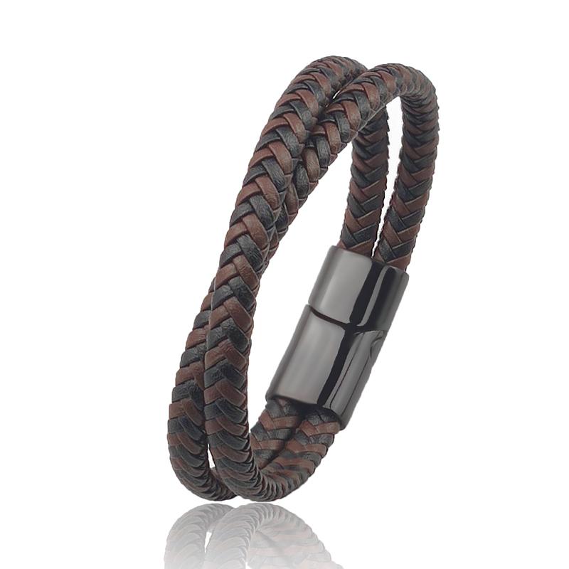 Titanium Steel Bracelet Double Layer Brown Black Leather Braided Rope Man High Quality Stainless Steel Magnetic For Women Gift