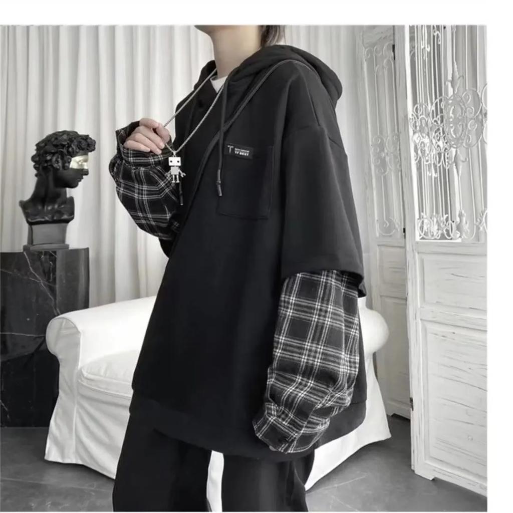 Men's Clothing Fake Two Hoodies Patchwork Plaid Hooded Oversized Tops Clothes for Women's Harajuku Casual Sweatshirt