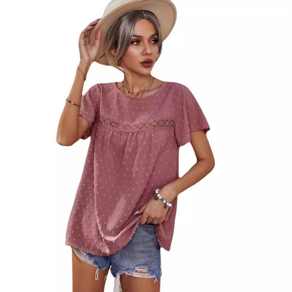 Summer Women's Loose Casual T-Shirt, European American Style Lace Crew Neck Flounce Sleeve Jacquard Dot Lace Trim Top
