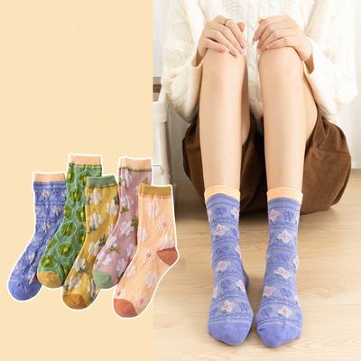 5 Pairs Mid-tube Socks for Women Autumn-flower Matching Cotton Socks for Women