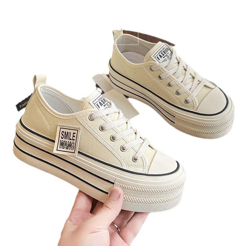 Platform Canvas Shoes Women's 2025 Spring and Summer New Korean Version Small Height Increase Lace-up Low-top Board Shoes Popular White Shoes