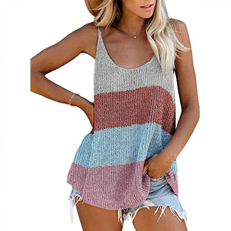 Spring and Summer Fashion Round Neck Camisole Color Blocking Top Undershirt Women Vest