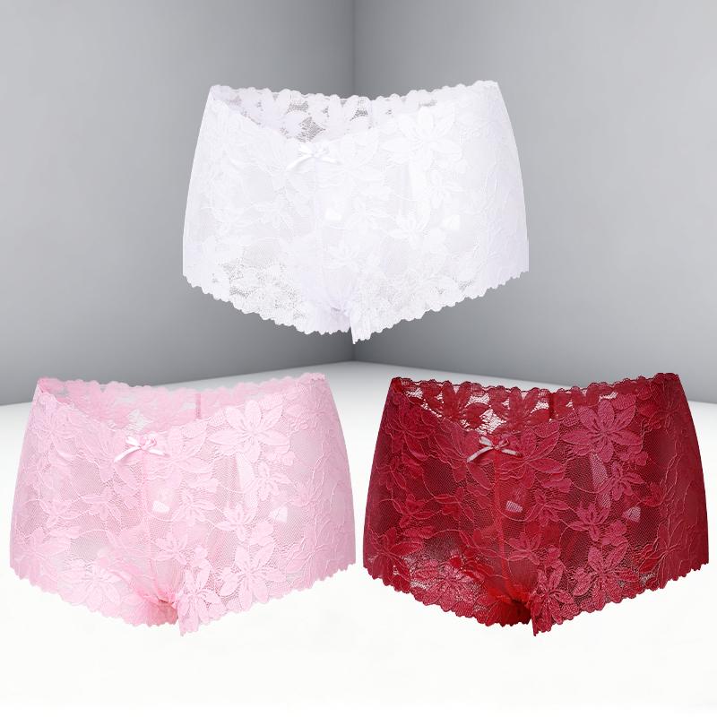 FINETOO 3Pcs Women's Sexy Lace Floral Perspective Boyshorts Solid Color Hollow Out Boxer Panties Female Breathable Transparent Lingerie