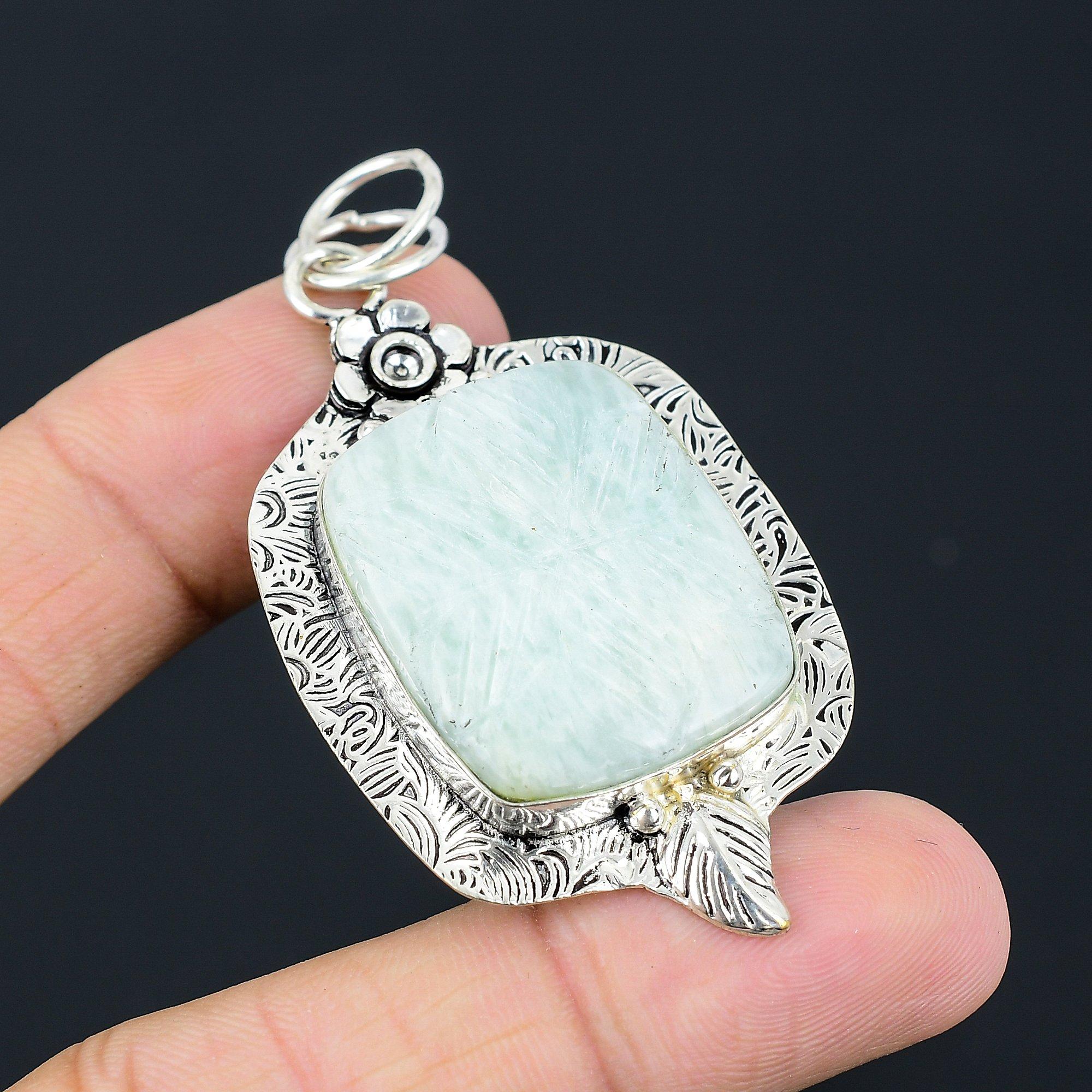 

Friendship Day Sale Carved Amazonite Stone Trendy Flower Pendant Sterling Silver
