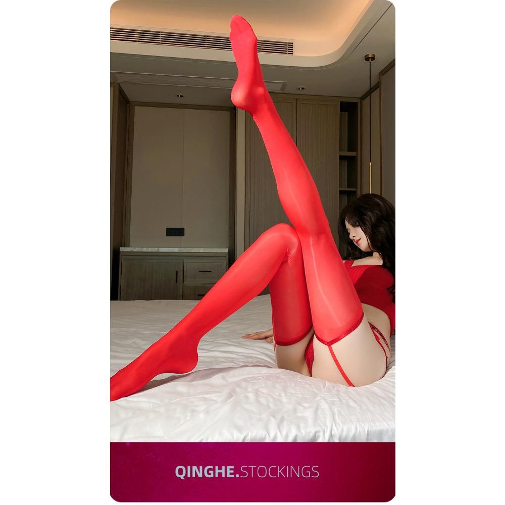Qinghe Sexy Pure Desire Wind Oil Light Suspender Integrated Socks Women's High Sense Pearl Belt Black Silk Internet Celebrity Sex Stockings