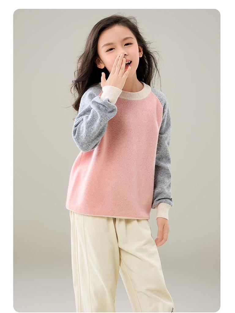 100% Wool Color Block Crew Neck Sweater for Boys & Girls - 2025 Autumn/Winter Collection