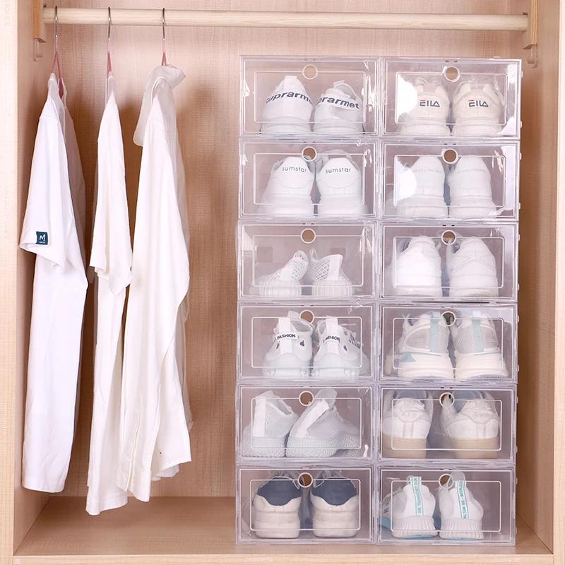 Lot de 6 boîtes à chaussures en plastique pliables, épaisses et transparentes, boîte à tiroirs, boîte empilable, organisateur de chaussures
