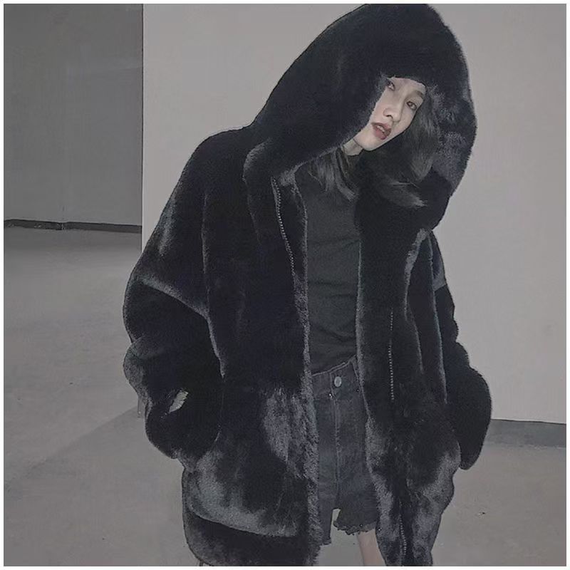 Autumn and winter imitation lamb fur coat women's loose hooded medium and long plush cute cotton-padded clothes fashion