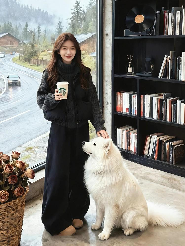 Women's Korean-Style Three-Piece Set: Spring Knitted Sweater, Cotton-Padded Vest, and Wide-Leg Pants.