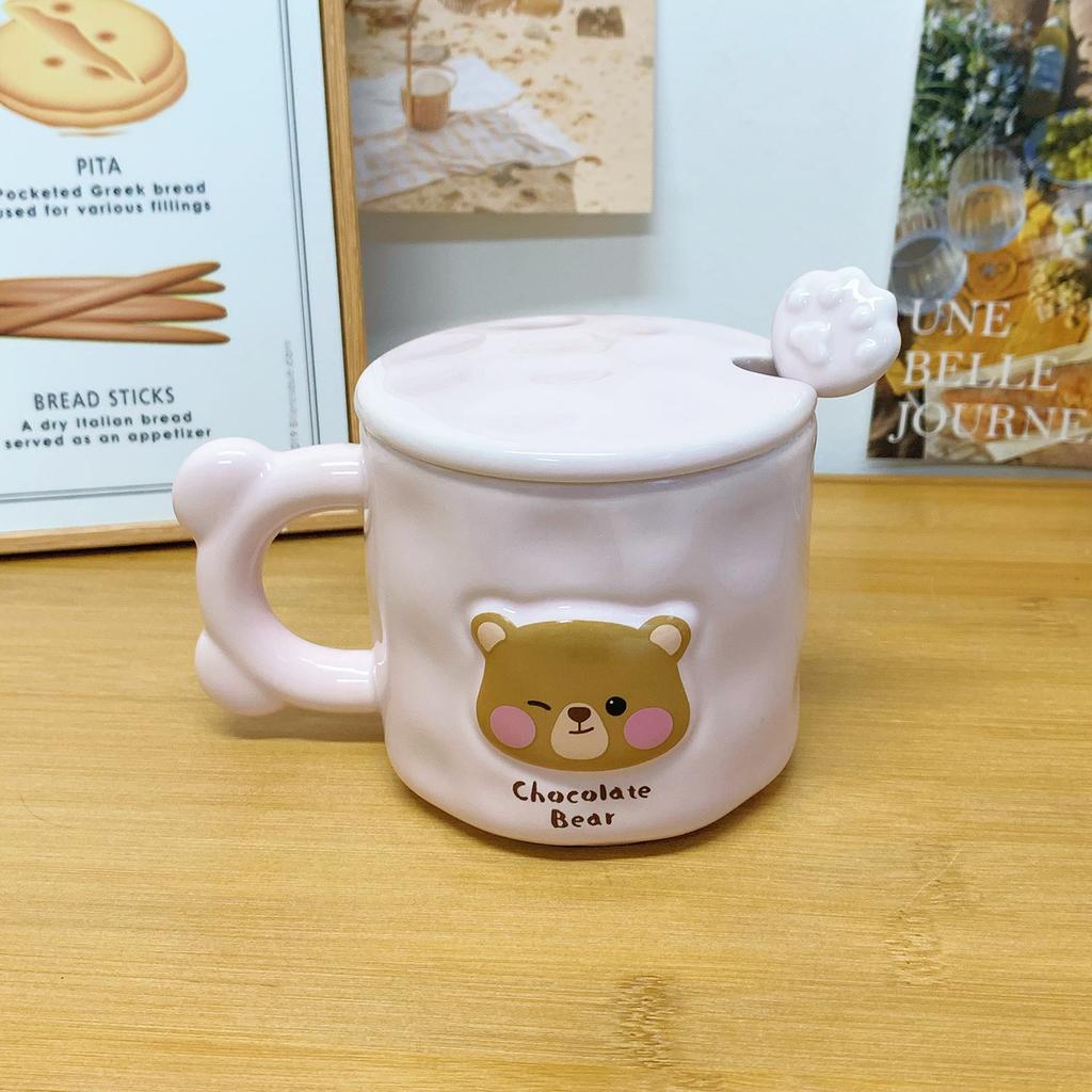 Cute Bear Mug with Lid Spoon High Value Cup Ceramic Couple Water Cup Girls Home Coffee Breakfast Cup
