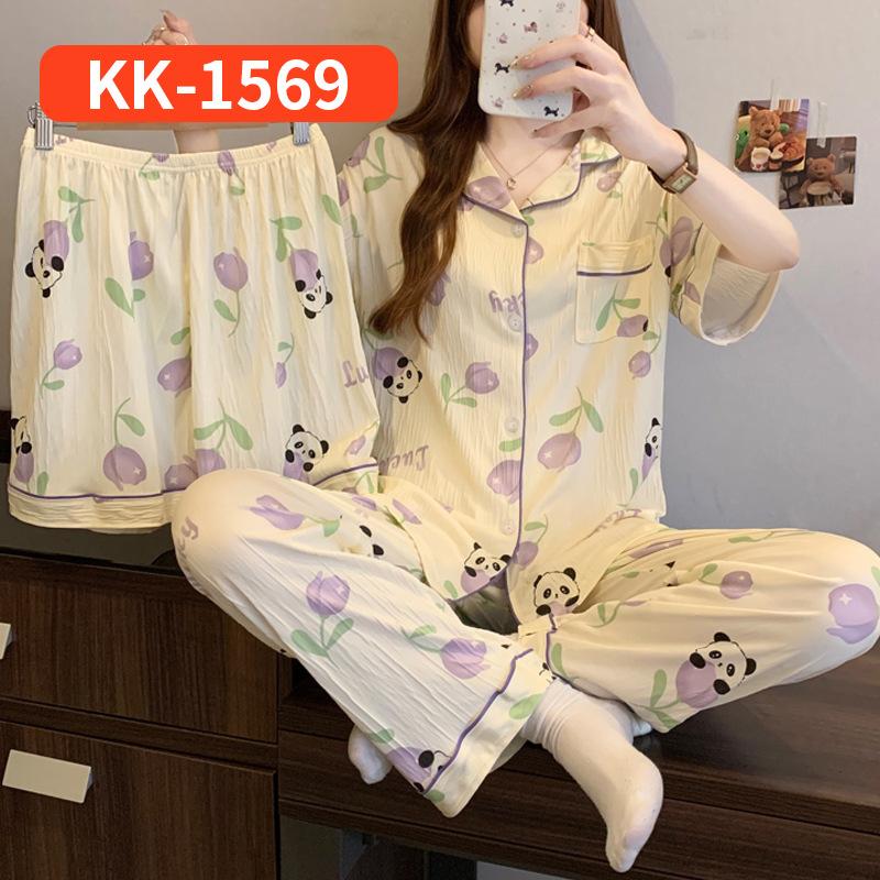 Retro Small Floral High-End Wrinkled Cloth Pajamas Women'S Summer Casual Homewear Short-Sleeved Three-Piece Set
