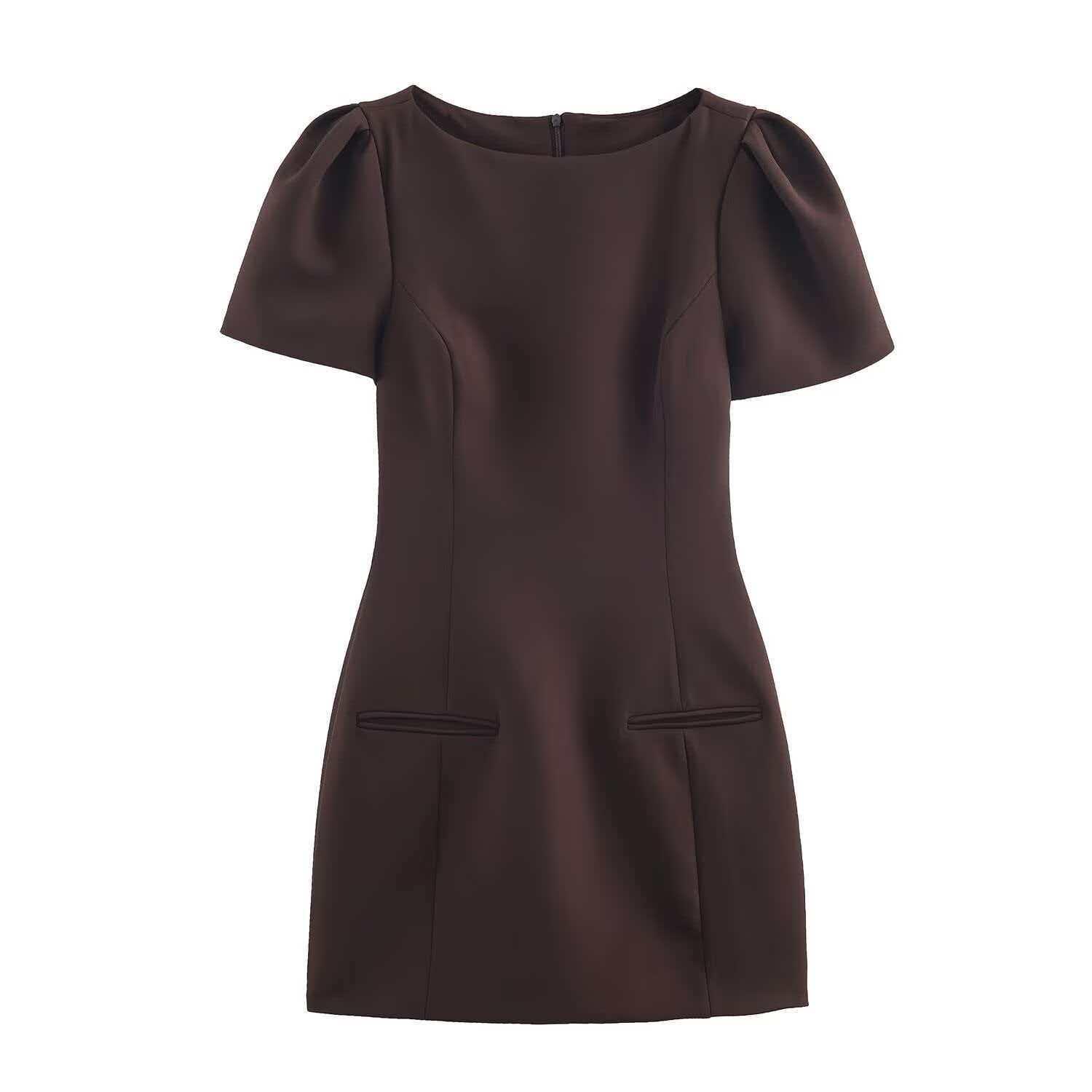 Summer Women s Short Sleeve Pleated Pocket Dress - Solid Color Medium темно-коричневого