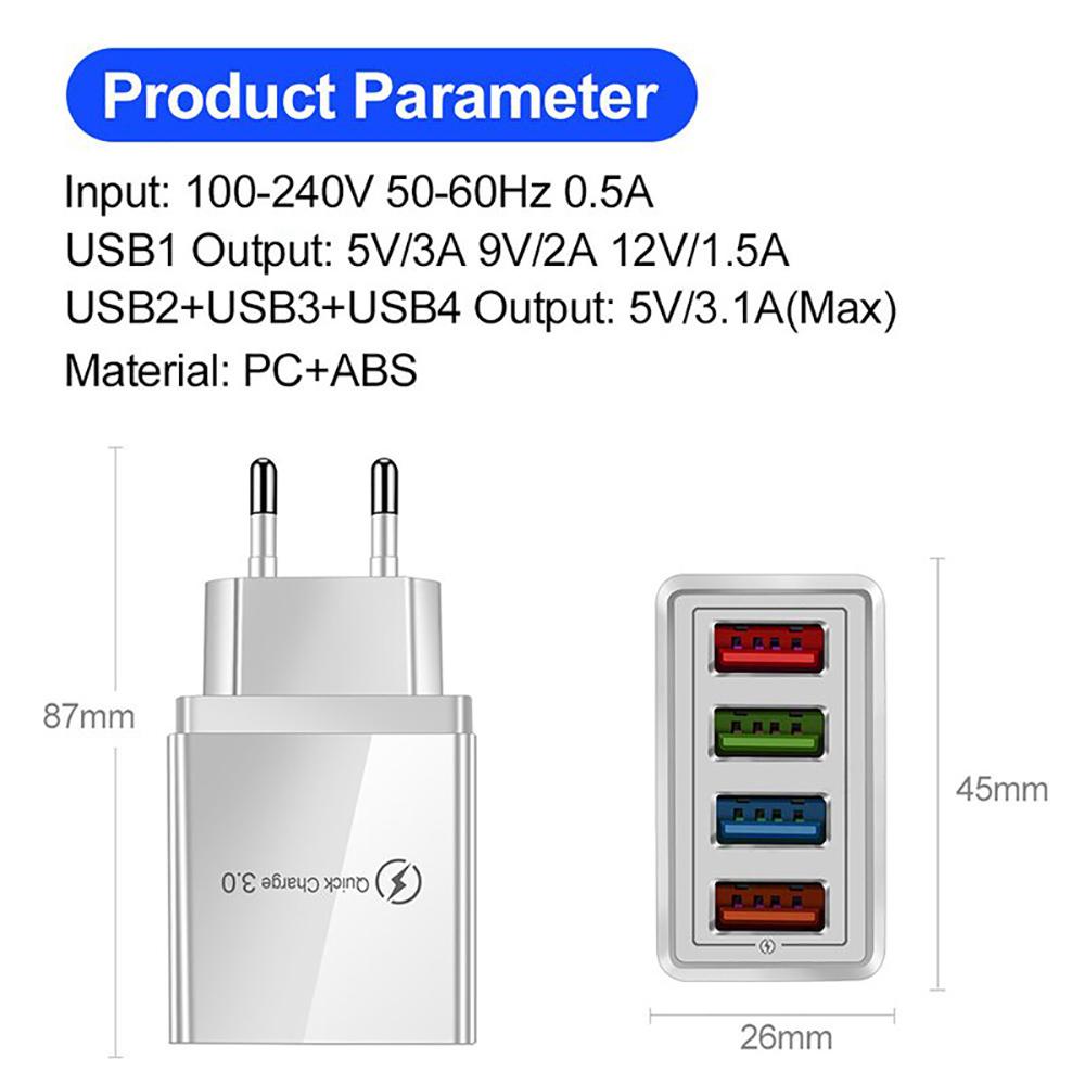 QC3.0 Быстрое зарядное устройство 4-портовое USB-зарядное устройство Настенное мобильное зарядное устройство Быстрое зарядное устройство для IPhone 11 Samsung S9 Huawei Xiaomi Адаптер питания