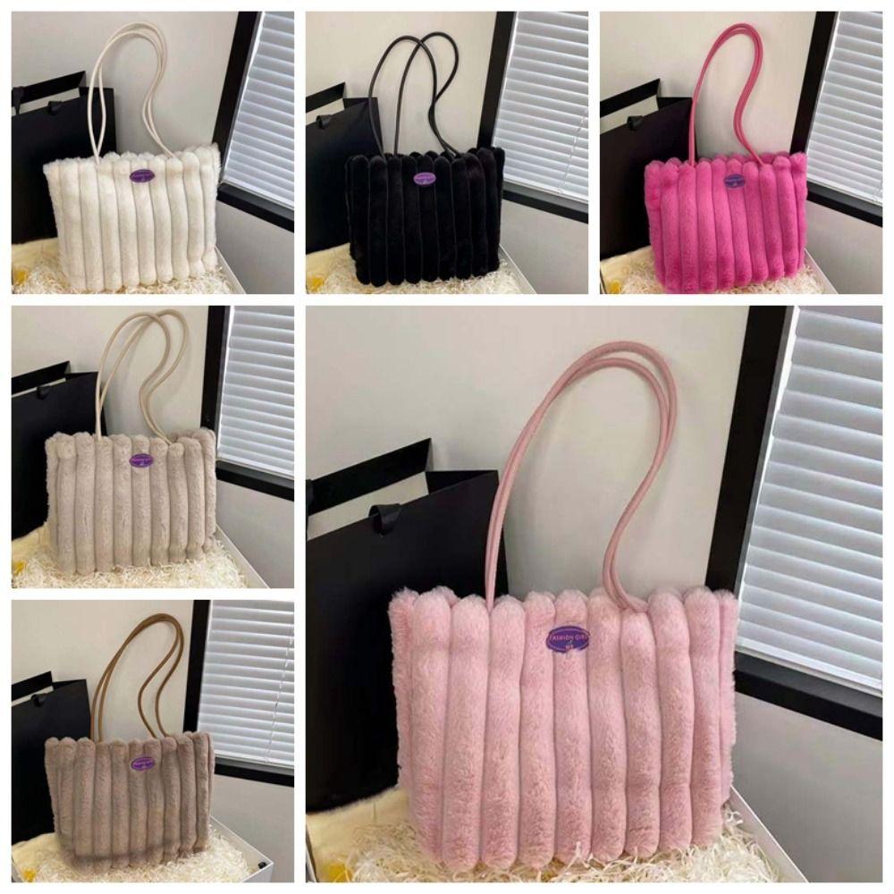 Stripe Plush Shoulder Bag Portable Commuting Handbag Polyester Furry Tote Bag  Women