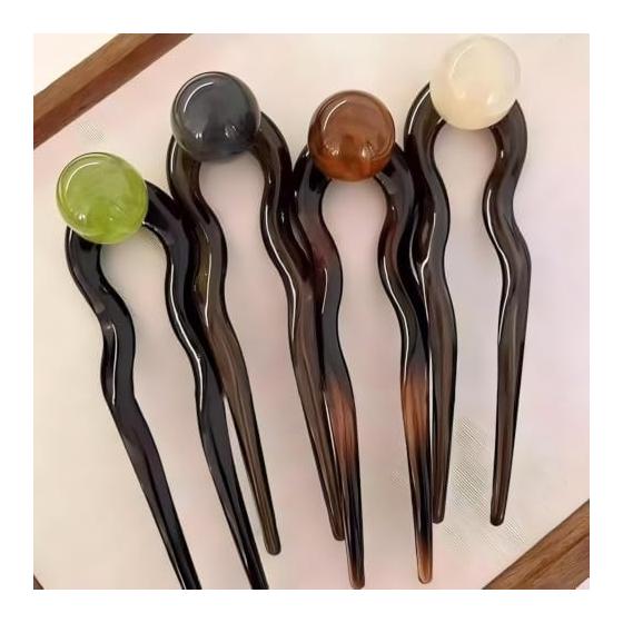 vipmofan Wavy Line Marble Translucent Acetate U Pin Set of 4 Colors Elegant Hair Bun Stick Commute Casual Cheongsam Women Hair Accessories Gift
