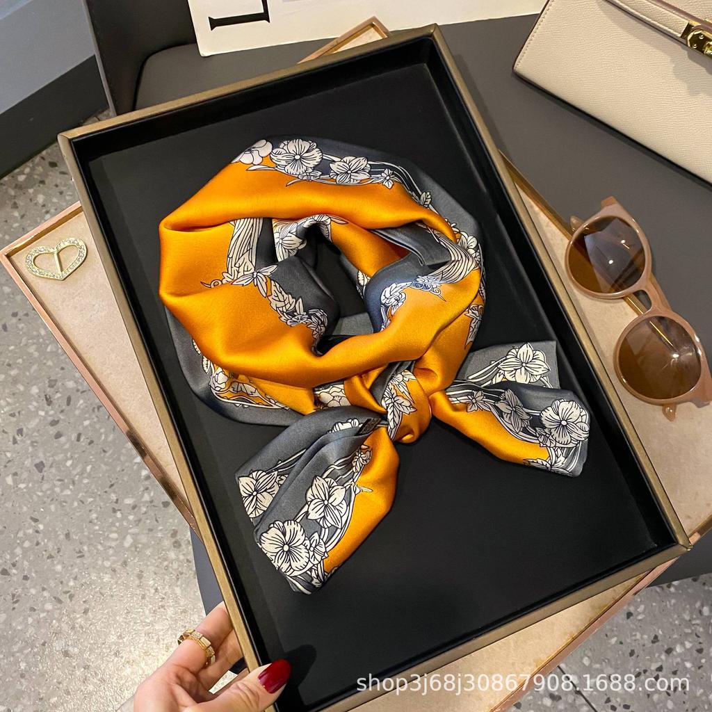 Long Silk Scarf Women's New Small Silk Scarf Printing Simulation Silk Tied Bag Streamer Explosion Sweet Little Scarf