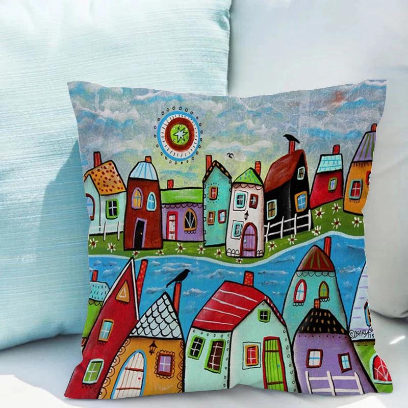 Retro Rural Color Cities Pillows Cushions 40x40 Car Double-sided Printing Room Decor Sofa Pillow Cover Cushion Short Plush Couch