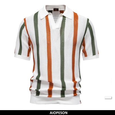 Men's Knitted Polo Shirt Breathable Striped Casual V Neck Turn Down Collar High Quality Polo Shirt Men