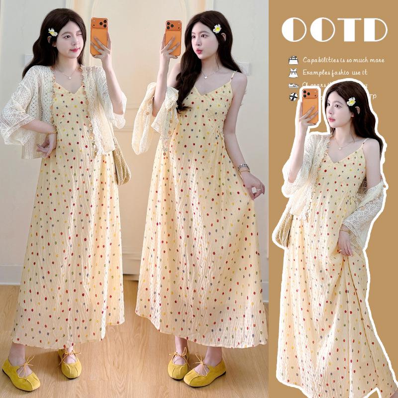 2026 Summer Maternity Polka Dot Two-Piece: Loose, Comfortable High-Waisted Camisole Dress & Cardigan Set M