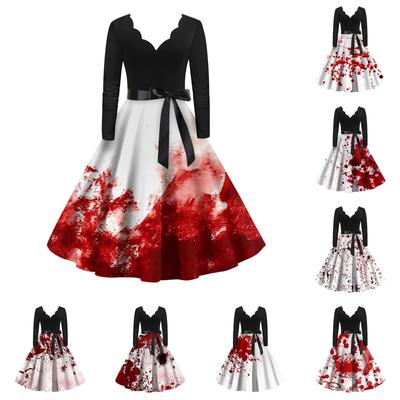 Women's Vintage Classic Dress Neck Waist Bow Tie Long Sleeves Halloween Print V Neck Swing Dress
