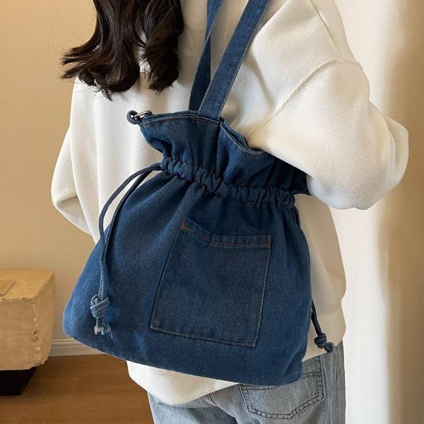 Denim Bag Women's 2025 New Literary Drawstring Bundle Bucket Bag Simple and Versatile Shoulder Messenger Bag