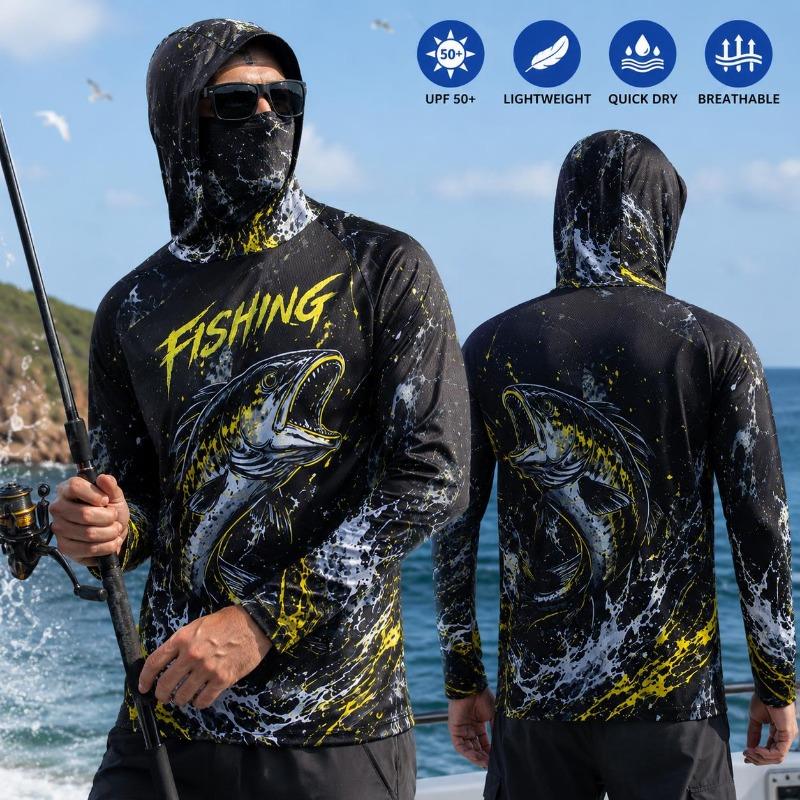 Men's Hooded Fishing Shirt UPF Sun Protection Breathable Long Sleeve Quick Dry Outdoor Angling Jersey With Face Cover