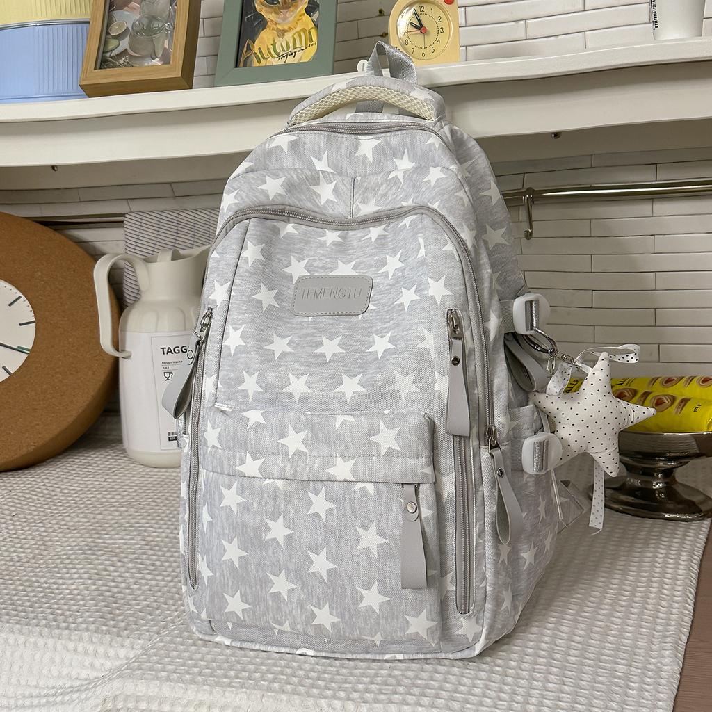 Schoolbag Starlight Fog Ash Low Saturation Polka Dot Star Backpack Junior High School Student Light Commuter Large Capacity School Bag Women's