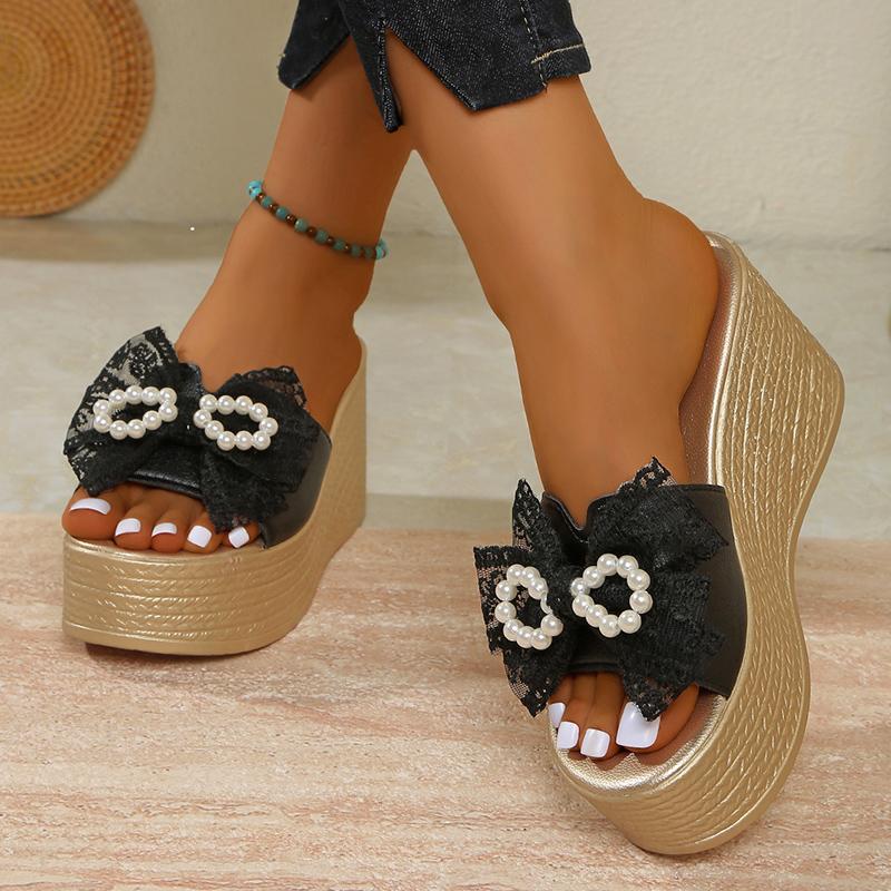 Fashion Pearls Lace Bow Chunky Platform Sandals Women Summer Peep Toe Thick Sole Slippers Woman Plus Size Fashion Wedge Heeled Sandals