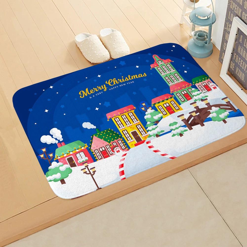 Christmas Themed Door Mat Santa Claus Snowman Gift Box Patterns Soft Non Slip Rug for Entryway Bathroom Xmas Decor