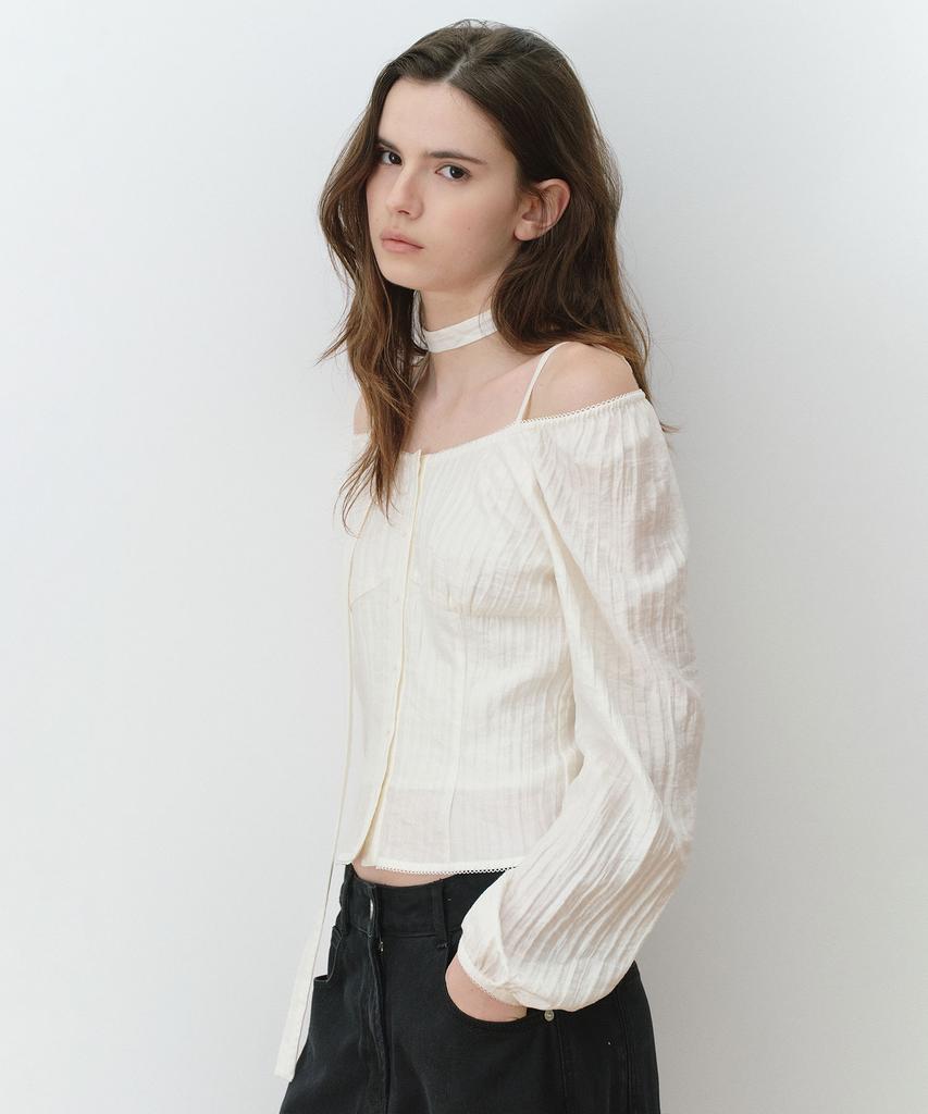 ROLAROLA Sheer Off Shoulder Tie Blouse Ivory