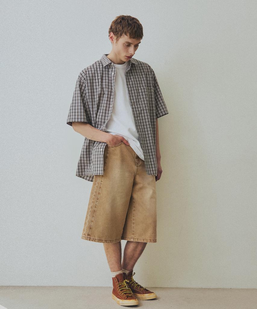 NODU Check Boxy Half Street Shirt [Beige]