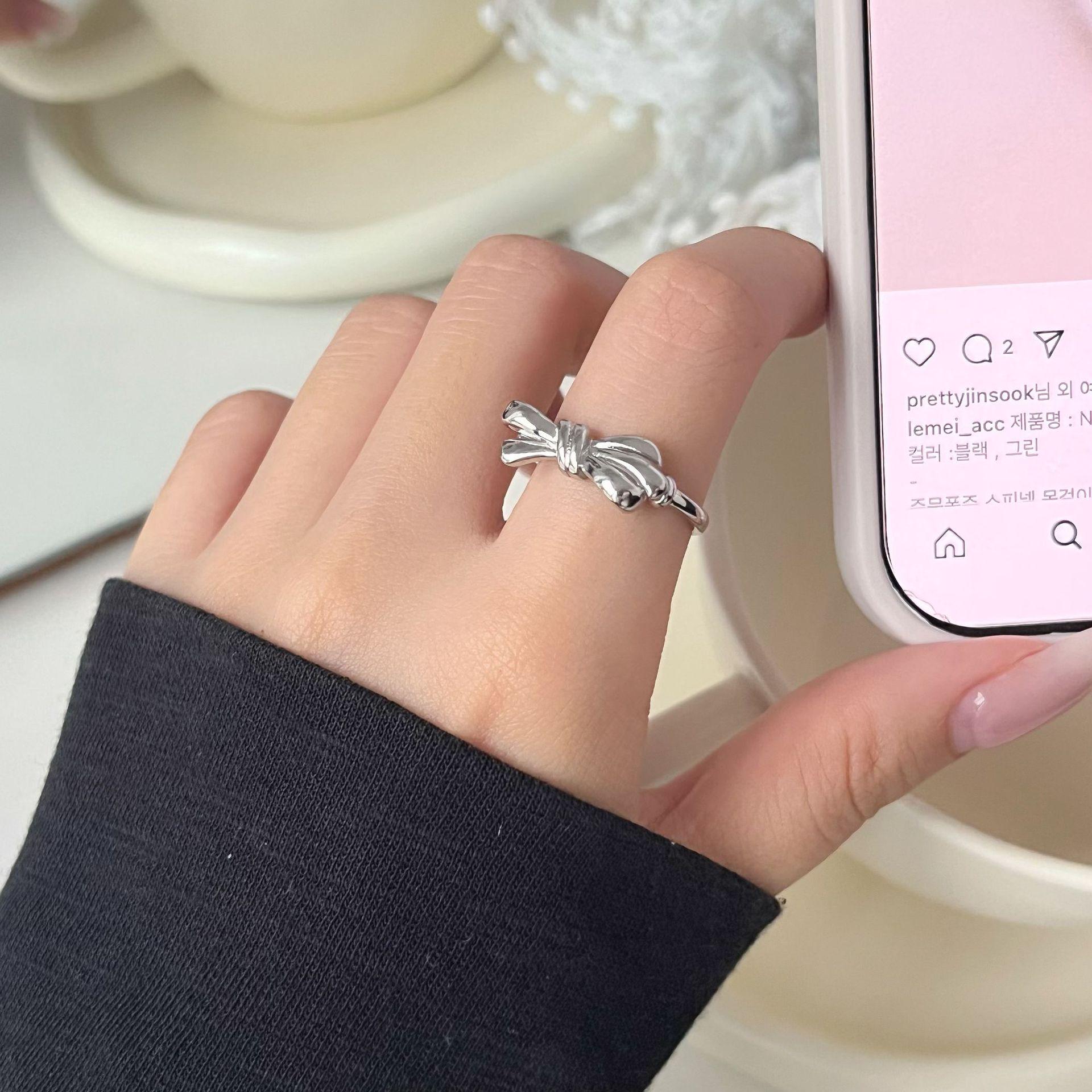 Korean-Style Silver Sweet Bow Ring for Women - Elegant, Slim, and Exquisite Design Adjustable Open Size