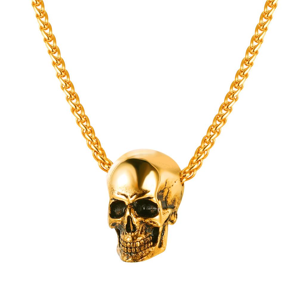 U7 Skull Necklace Pendant Skeleton Men Gift Punk Retro Gothic Goth Stainless Steel Halloween Daily Jewelry
