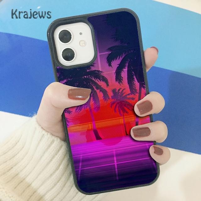Krajews 80s Retrowave Neon Palms Tree Soft Phone Case Cover For iPhone 17 Air 16 15 14 plus 11 12 13 pro max coque Fundas