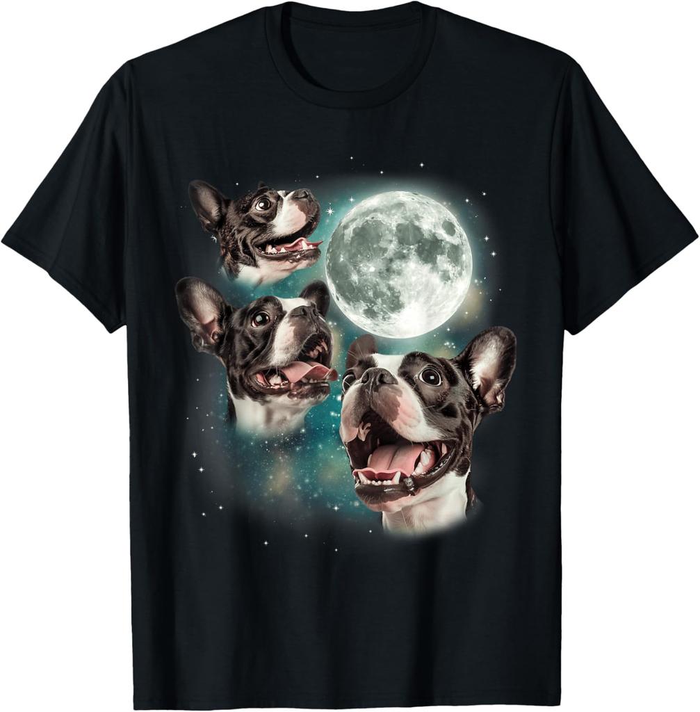 Three Boston Terrier Moon Howling Cute Dogs Graphic Tee Soft Cotton Casual Trip T-Shirt