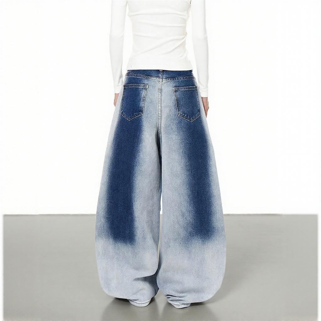 Neue Vintage-Jeans für Damen in Übergröße, Farbverlauf, gewaschen, ausgestelltes Bein, lockere Wide-Leg-Denim-Hose für Streetstyle, Herbstmode