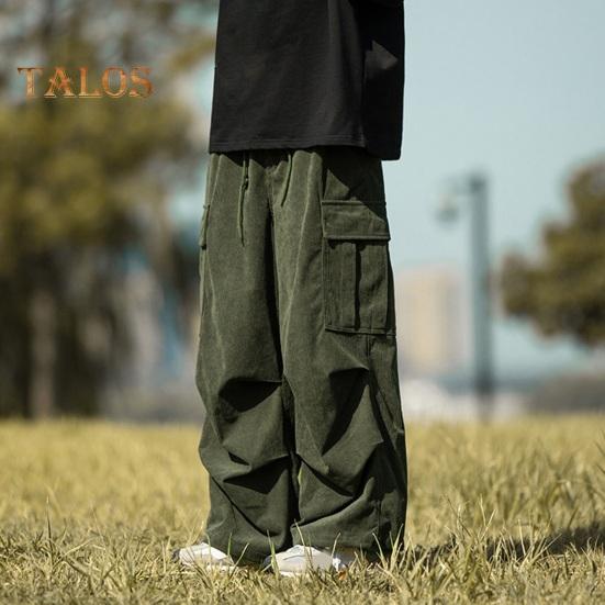 Pánské cargo kalhoty volné, jednobarevné, vintage styl, manšestr, high street styl, rovné, široké nohavice, více kapes, streetwear, outdoorové cestovní kalhoty