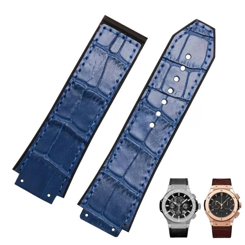 26X19mm Real Cow Leather Rubber Watchband for HUBLOT Classic Fusion Universe Big Bang Series Men belt Watch band butterfly Buckl