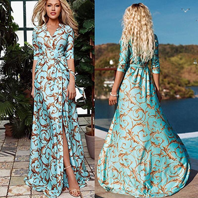

Элегантное принтованное тонкое длинное платье с высокой талией для женщин на летний отпуск сексуальное вечернее платье с V-образным вырезом повседневное Vestido De Mujer 26179 L орион