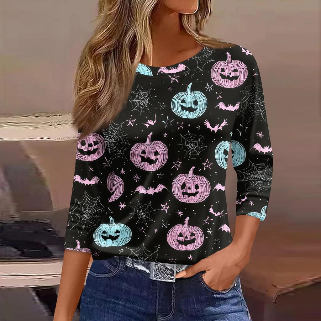 Women's 3/4 Sleeve Loose Fit Casual Shirt Round Neck Pullover Top Halloween Print Graphic T-Shirt for Everyday Wear