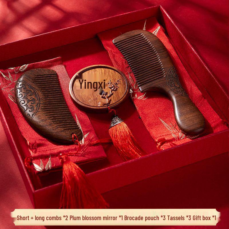 Red Wedding Comb Set for Brides - Elegant Mirror and Hair Combs