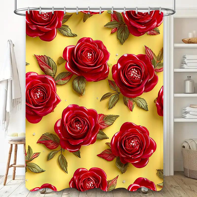 Luxury Red Rose Shower Curtain Floral Printed Fabric Bathing Room Decor Polyester Waterproof Wall Hanging Perfect Wedding Gift D