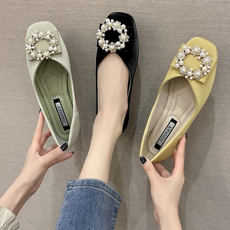 Single Shoes Women'S Year Soft Sole New Internet Celebrity Spring Evening Soft Leather Versatile Gentle Shallow Mouth Doudou Flat Bottom Evening Shoes