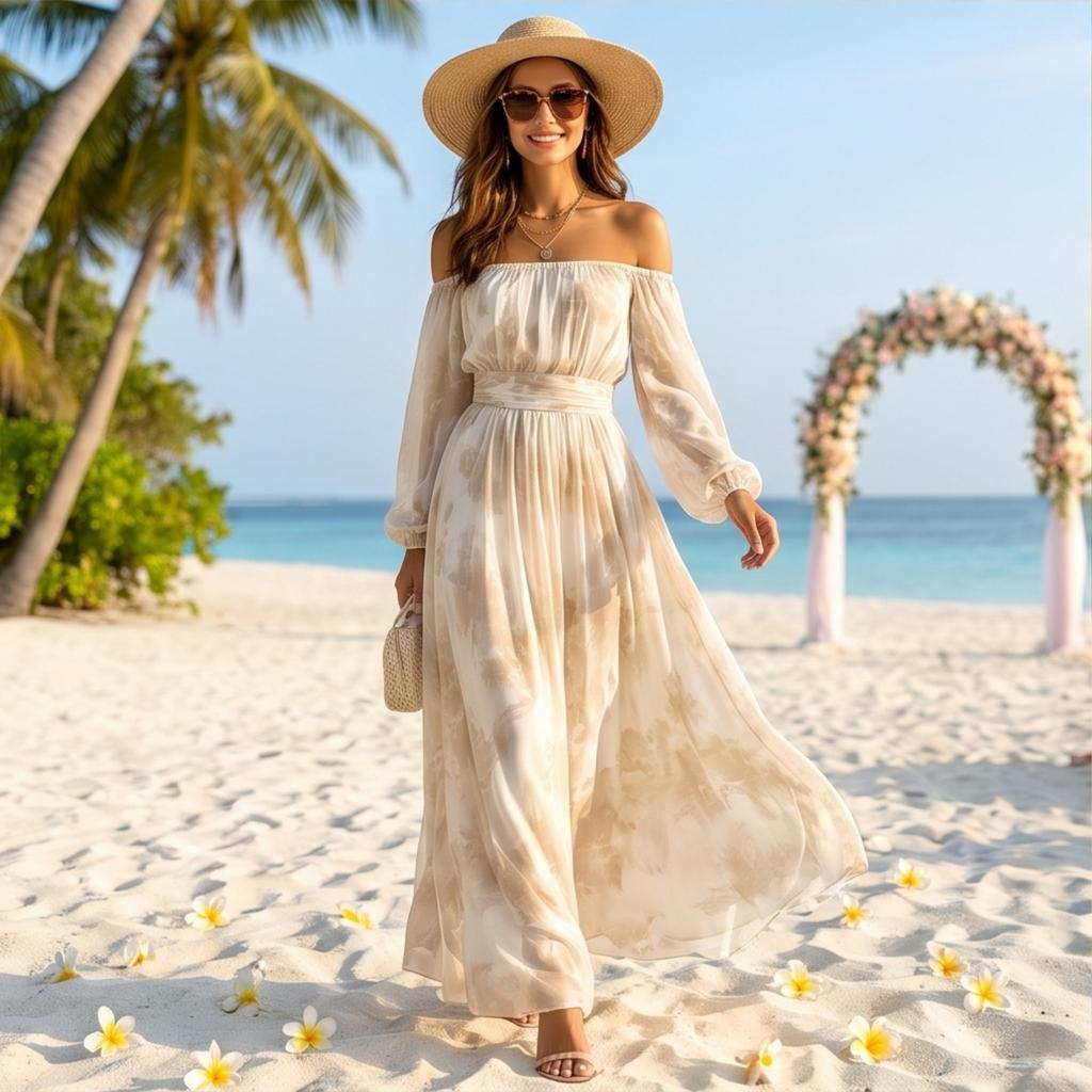 Women's Off Shoulder Tie Print Long Sleeve Fitted Casual Midi Dress