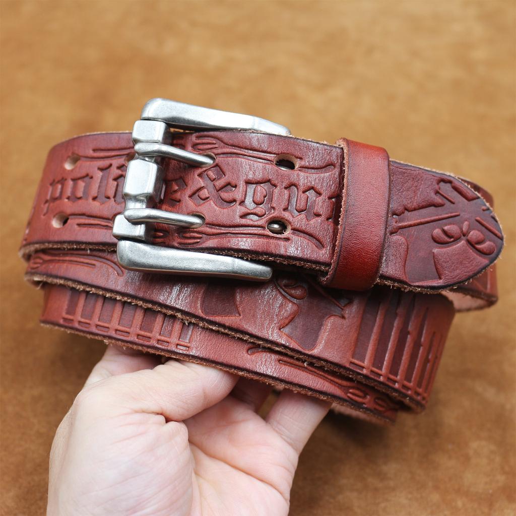 Bold And Thickened Double Pin Buckle Belt, Men'S Genuine Leather Pure Cowhide First Layer Embossed Belt, Retro Casual Jeans Belt