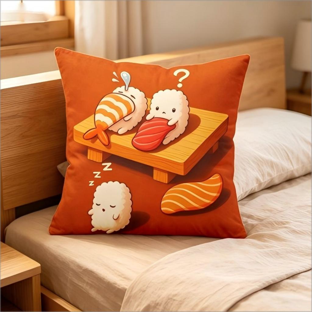 Cute Cartoon Sushi Print Throw Pillow Cover, Kawaii Japanese Food Decorative Cushion Case For Sofa Bedroom